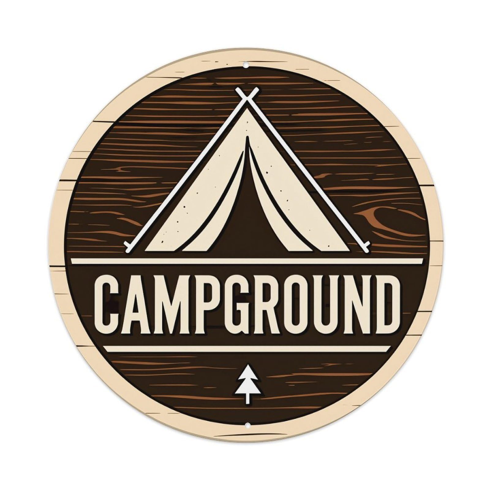 Campground Tent Wood Pattern Tree Symbol Round Vintage Tin Sign,Retro Wall Art,Metal Poster for Home, Bar, Garage, Cafe, Rustic Indoor & Outdoor Decor, 8x8 Inches