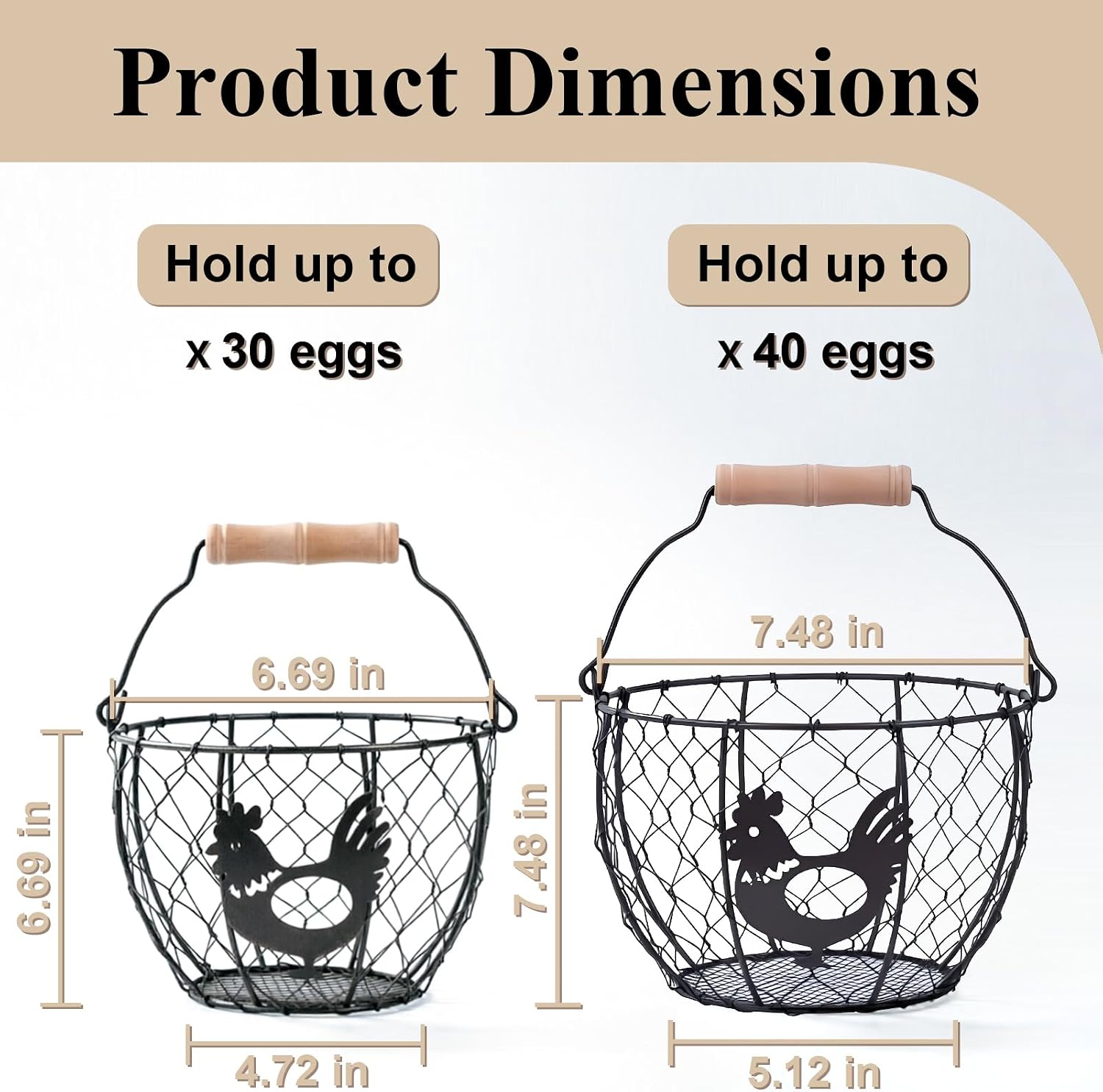 Wire Egg Basket Set of 2, Rooster Design Wooden Handle Farm Egg Storage 6.5in & 7.5in