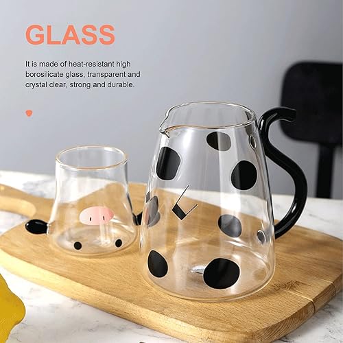 Miniatura 7 de UPKOCH Jarra de dibujos animados con taza, jarra de vidrio con tapa, juego de jarra de agua de cabecera de vaca, bonita jarra de agua con asa para