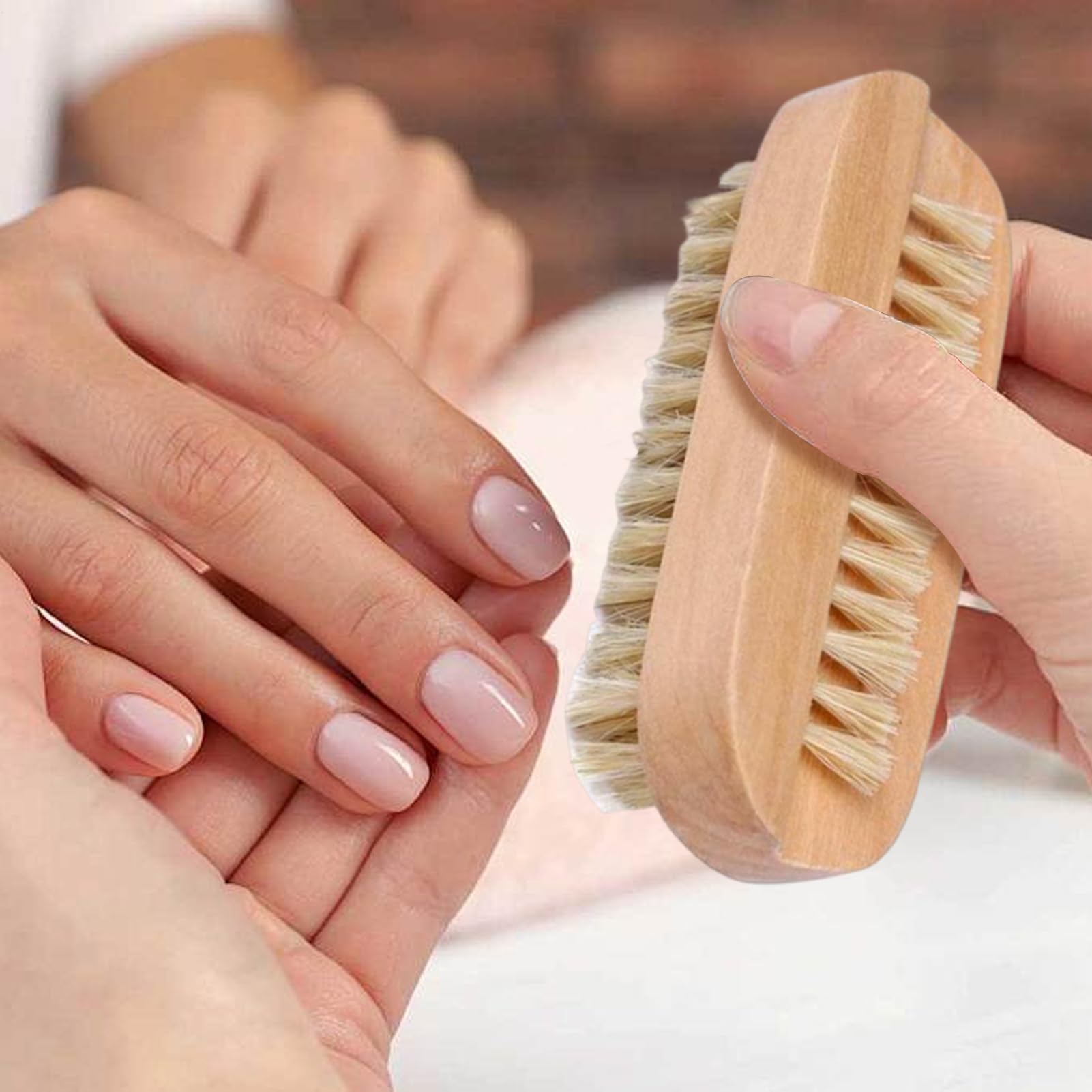 Szczotka do paznokci, 2-stronna drewniana szczotka do czyszczenia paznokci z włosiem dzika, 9,8 x 3,5 x 4 cm, peeling do manicure i pedicure, do salonu, spa, domu, łazienki, dorosłych