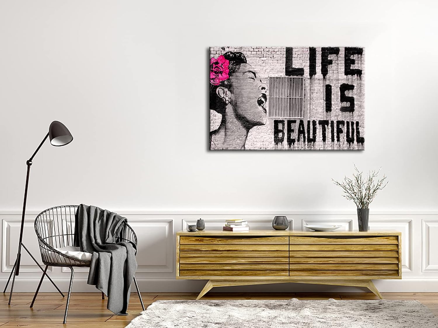 Pyradecor Large Banksy Life is Beautiful Artwork Modern Grey Love Pictures Paintings Canvas Wall Art for Bedroom Living Room Home Office Decorations