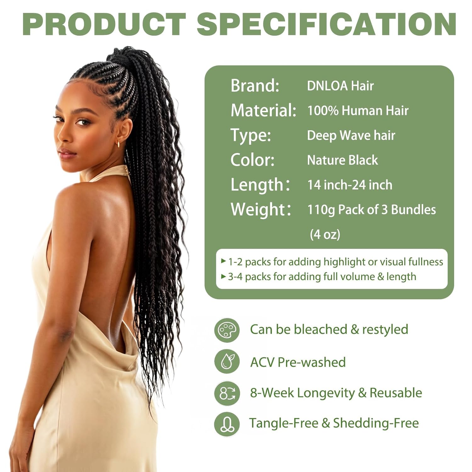 Human Braiding Hair for Boho Braids, 20 Inch 100% 12A Deep Wave Boho Hair for Braiding 3 Bundles/Pack Bohemian Bulk Human hair No Weft Extensions for Braid with Curly Ends 110g Natural Black