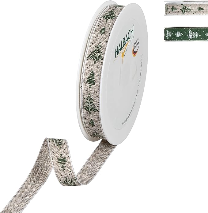 Halbach Seidenbänder Geschenkband Weihnachten “Tannenbäume” | Breite 15 mm Länge 20 | ideal geeignet für das stilvolle Verpacken von Geschenken für Weihnachten, Farbe: leinen/grün/weiß