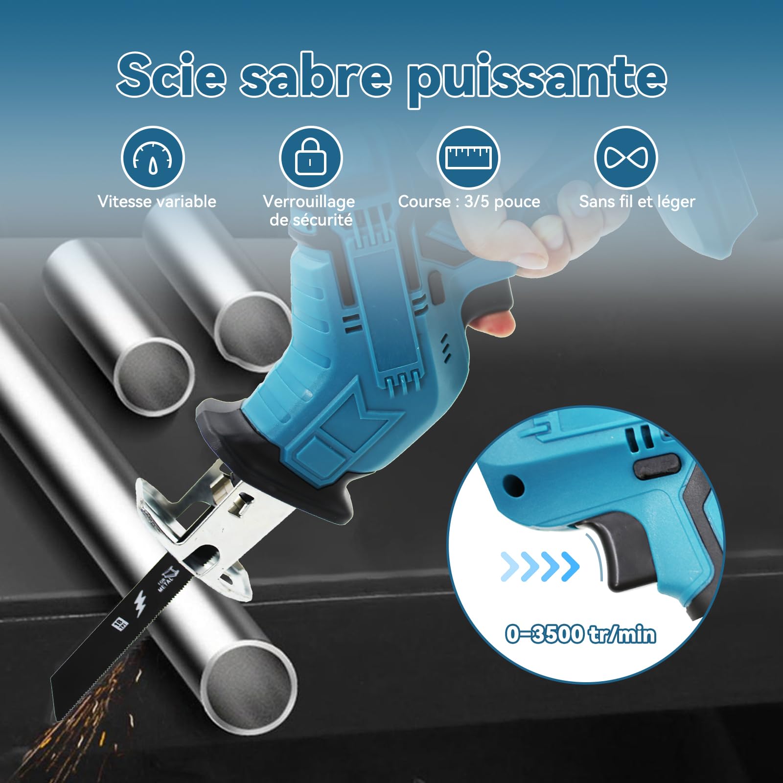 Scie alternative électrique sans fil avec 4 lames – Compatible avec batterie Makita 18 V – Pour bois et métal – Sans batterie ni chargeur