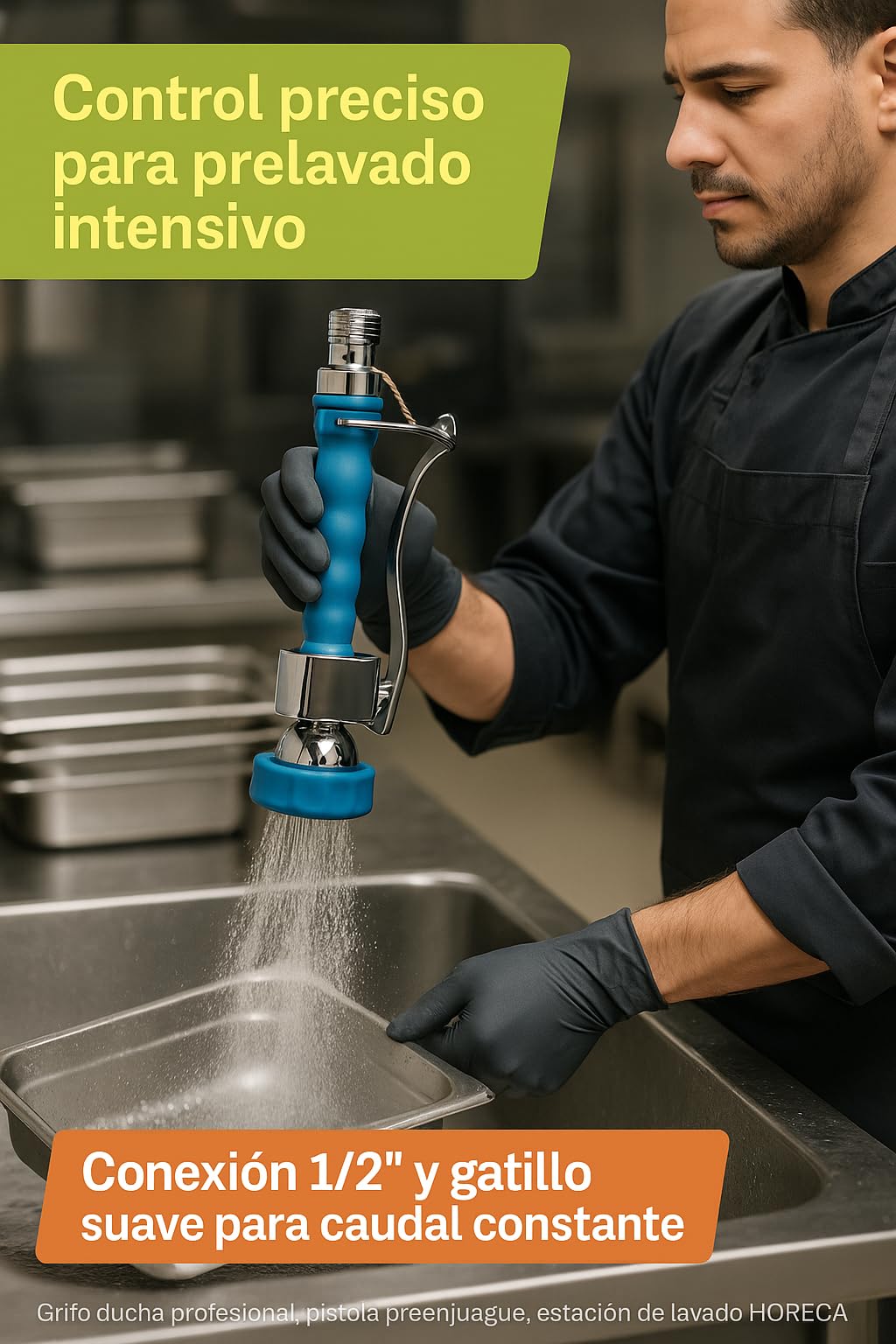 Grifo Ducha 1/2 Modelo Deluxe Acero Inox Mango Antideslizante Válvula Antirretorno Ahorro Agua Prelavado Fregadero Hostelería