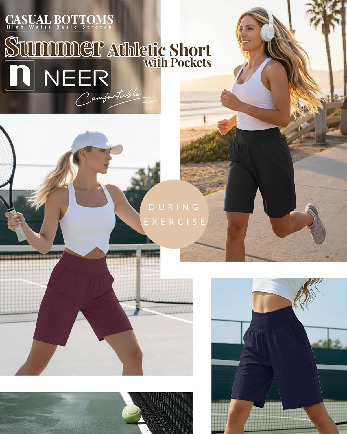 Neer 3 Pack Women's Bermuda Shorts, High Waist Basic Stretch Casual Bottoms Knee Length Summer Athletic Short with Pockets
