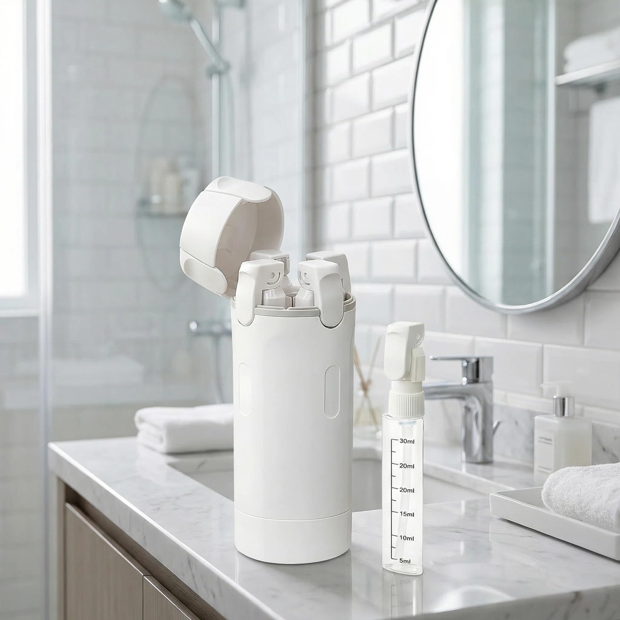 Dispenser da viaggio 4 in 1, ricaricabile, con scala ed etichetta, contenitore portatile a prova di perdite, per shampoo, lozioni, balsamo, crema liquida (verde)