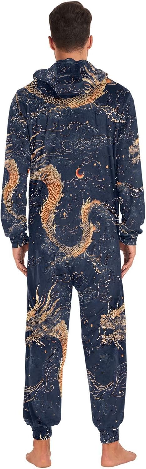 Dragon Old Blue Pattern Adult Onesie Pajamas Novelty One Piece Costume Sleepwear Jumpsuits Matching PJS