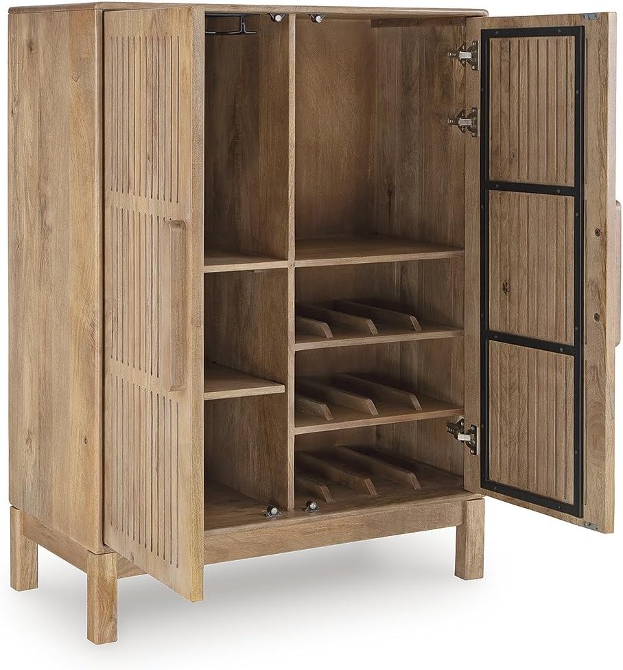 Signature Design by Ashley Pellamour Casual Bar Cabinet with Anti-Tipping and Adjustable Shelf, Light Brown