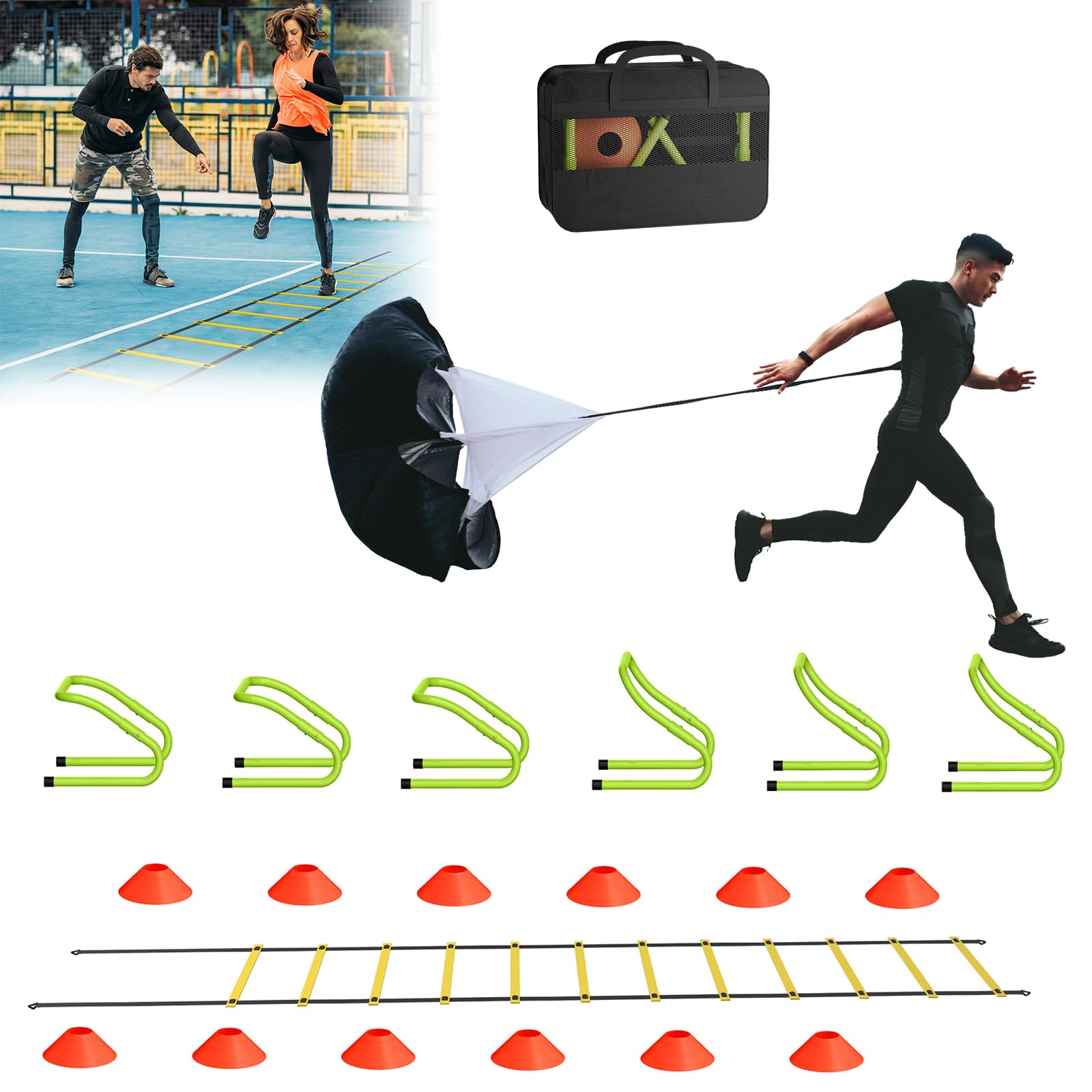 Set de entrenamiento de fútbol y deporte, accesorios de entrenamiento de agilidad, escalera de coordinación de 6 m, 12 conos, obstáculos de velocidad y bolsa de almacenamiento