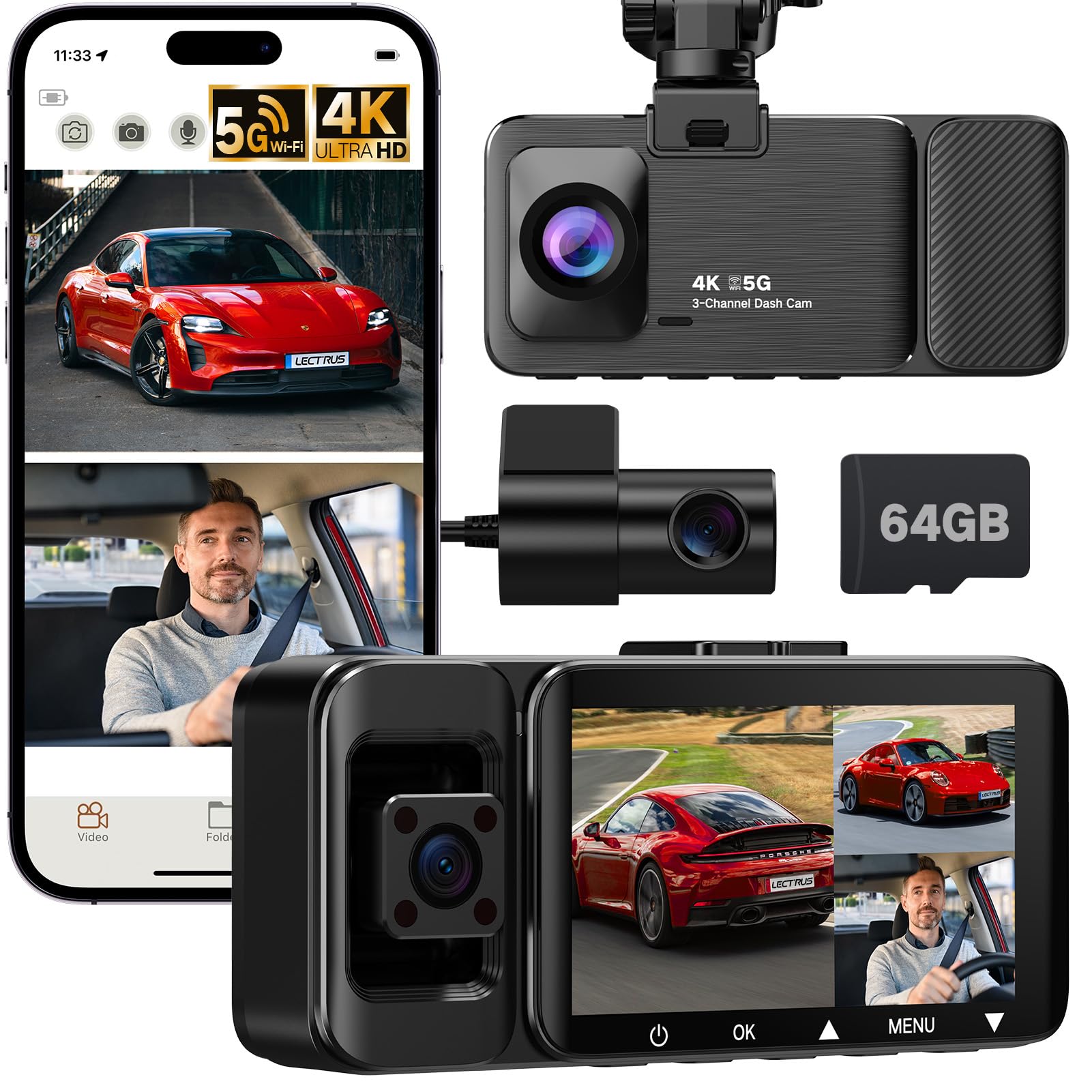 3 Channel Dash Camera for Cars, 4K UHD Dash Cam Front and Rear Inside with 64GB Card, 170°+150°+140° Wide Angle Recording, G-Sensor, Loop Recording,