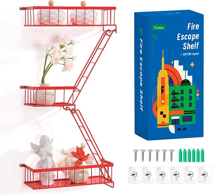 Fire Escape Shelf Red, Urban City Wall Art Decorative Action Figure Metal Display with Mini Ladder Shelf for Home Decor, Red 2.5 Tier