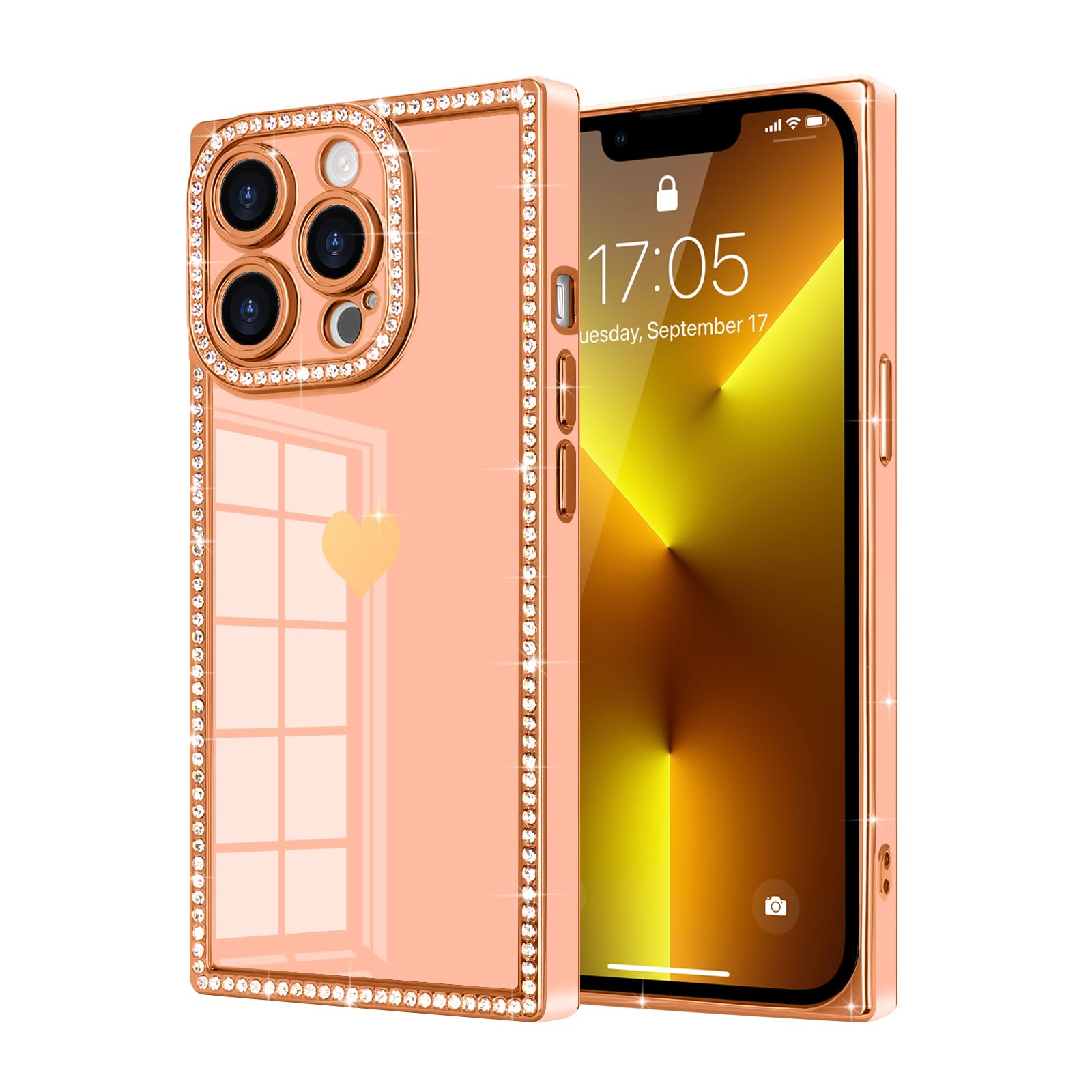 Urarssa for iPhone 13 Pro Case Rectangle Bling Glitter for Women Girls Sparkle Diamond Rhinestones Love Heart Gold Plating Full Camera Protection