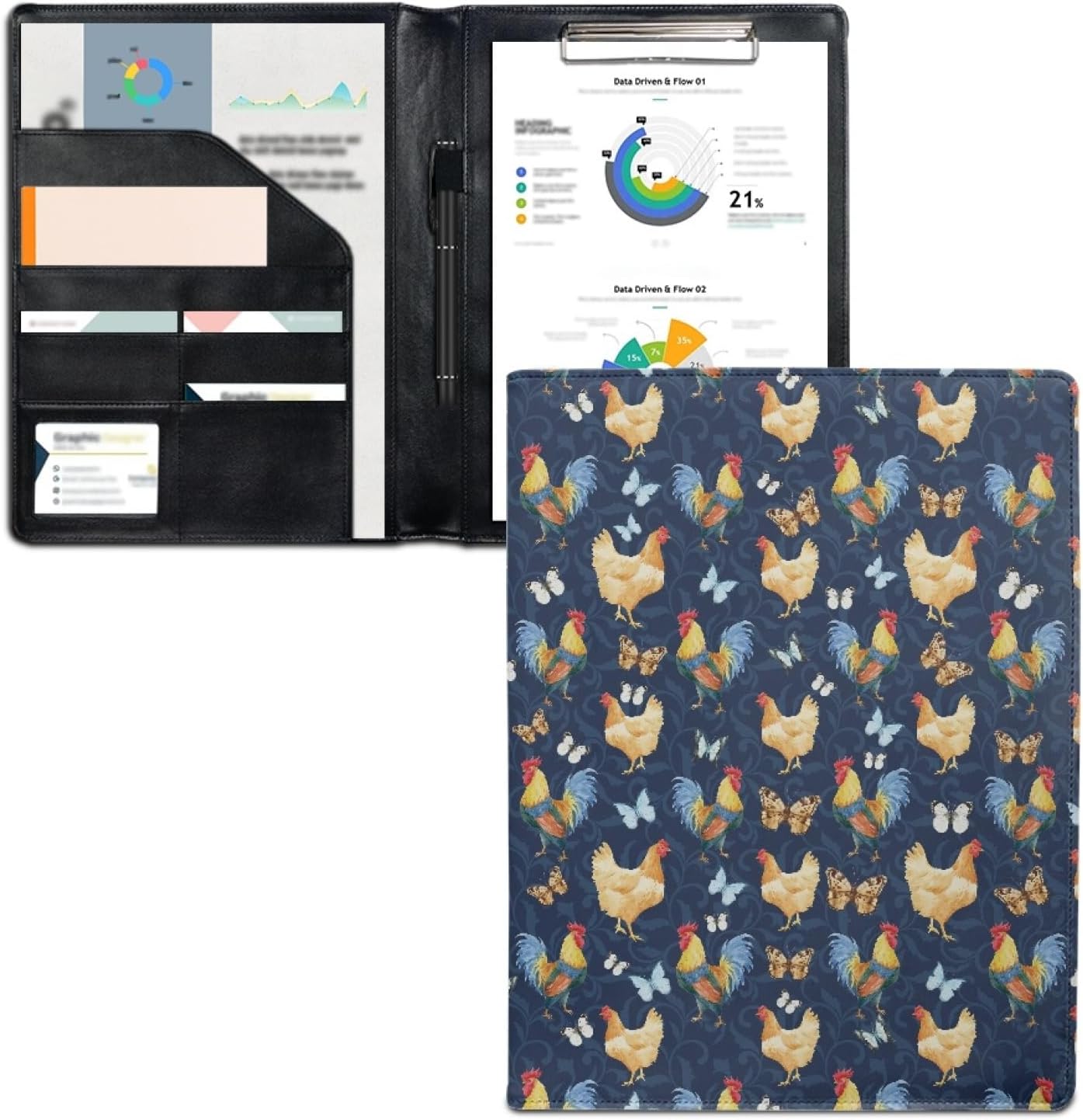 GOSTONG Chicken Padfolio Folder, PU Leather Interview Resume Folder with Document Organizer & Business Card Holder for Women Men Gifts