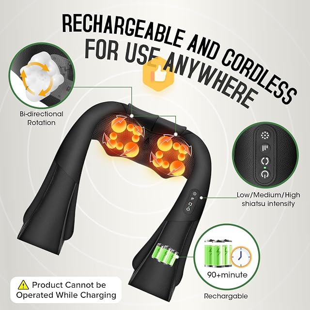 Massager sans fil de cou, Masseuse de cou et dos Shiatsu rechargeables avec massage à l'épaule pour le dos à la chaleur,Leg, Muscle du corps,Masseuses portatives Idéal Choix Cadeau mère pour papa Maman Amis