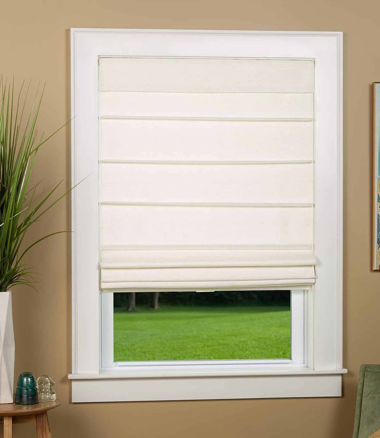 Cosmo Linen Style Room Darkening Thermal Backed Cordless Roman Shade for Windows, Size 26" W x 64" L - Color: Alabaster