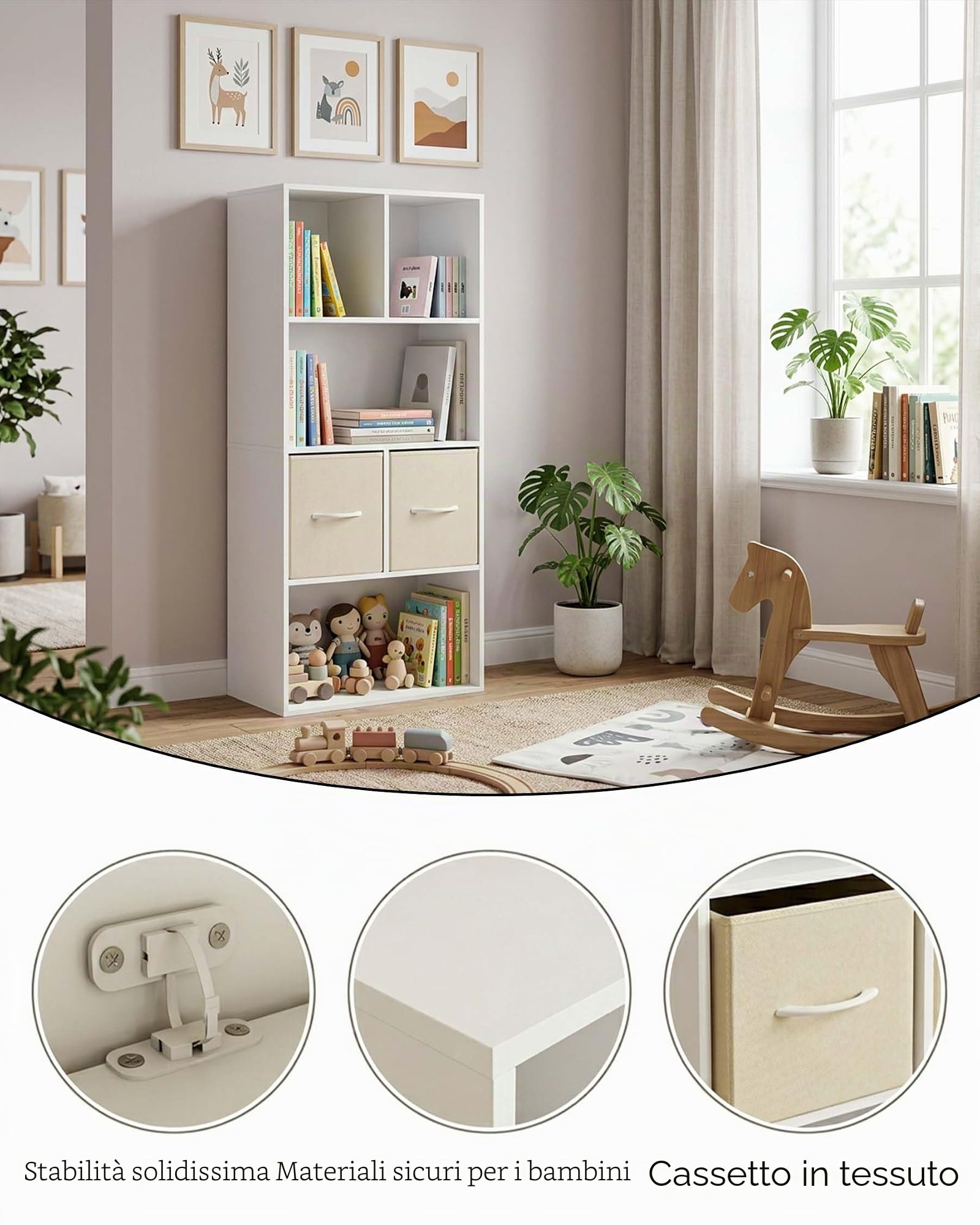 Libreria per Bambini e Ragazzi Scaffale porta Giocattoli con 2 Cassetti in Tessuto Mobile porta Libri Multiuso per Cameretta e Soggiorno Struttura Stabile 50 x 29 x 121 cm Bianco