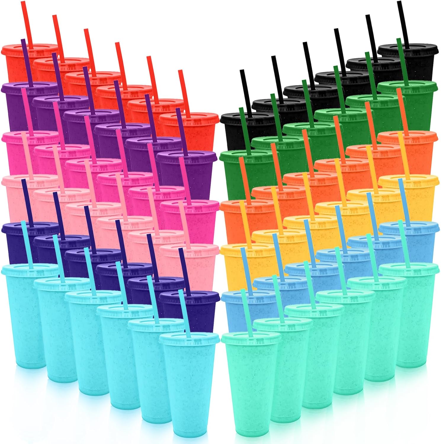 YOUKE OLA 72 Pack Glitter Plastic Cups with Lid and Straw, 24 oz Bulk Reusable Cup for Coffee Cup for Adult Birthday Party (Mix Color)