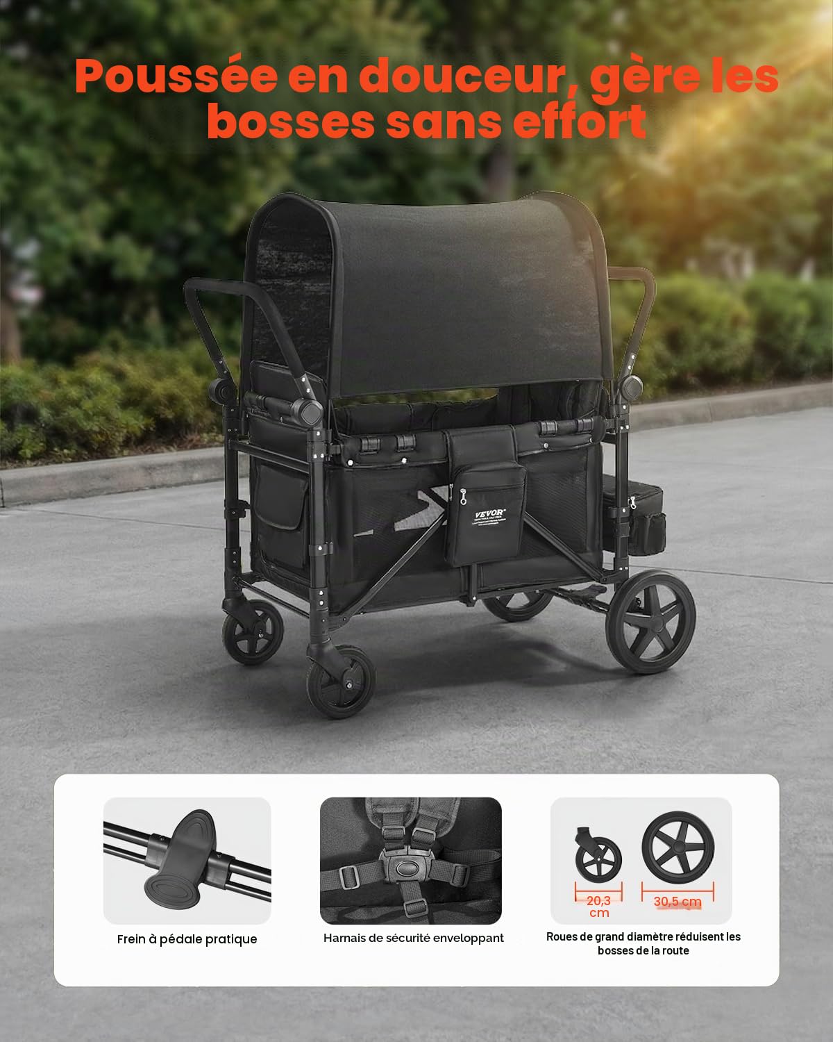 VEVOR Poussette Chariot pour 4 Enfants Pliable à Quatre Roues, Capacité de Charge 150 kg, avec Poignée Réglable, Harnais de Sécurité 5 Points, Auvent Amovible, Poussette 4 Places pour Camping, Noir