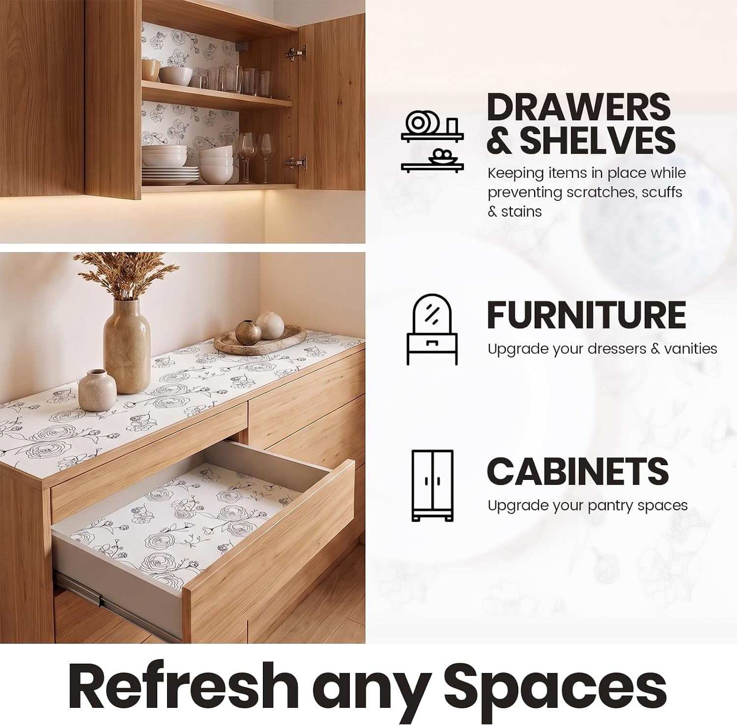Coavas Shelf and Cabinet Liner, Easy Cut Protective (Flower, 12 in x 10 ft)