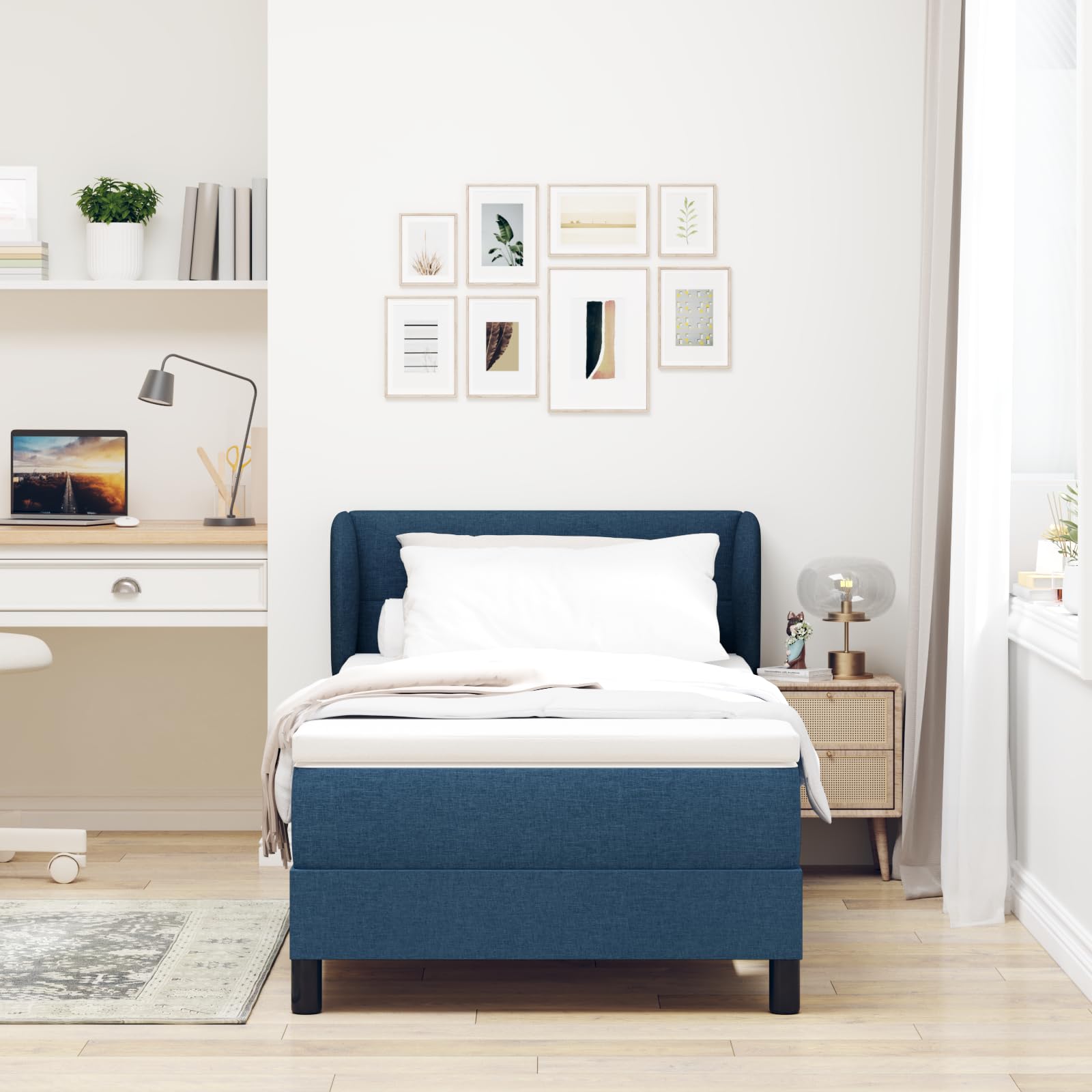 Cama con somier con colchón azul, 90 x 190 cm, tejido de muelles ensacados medio-firme, transpirable, funda extraíble