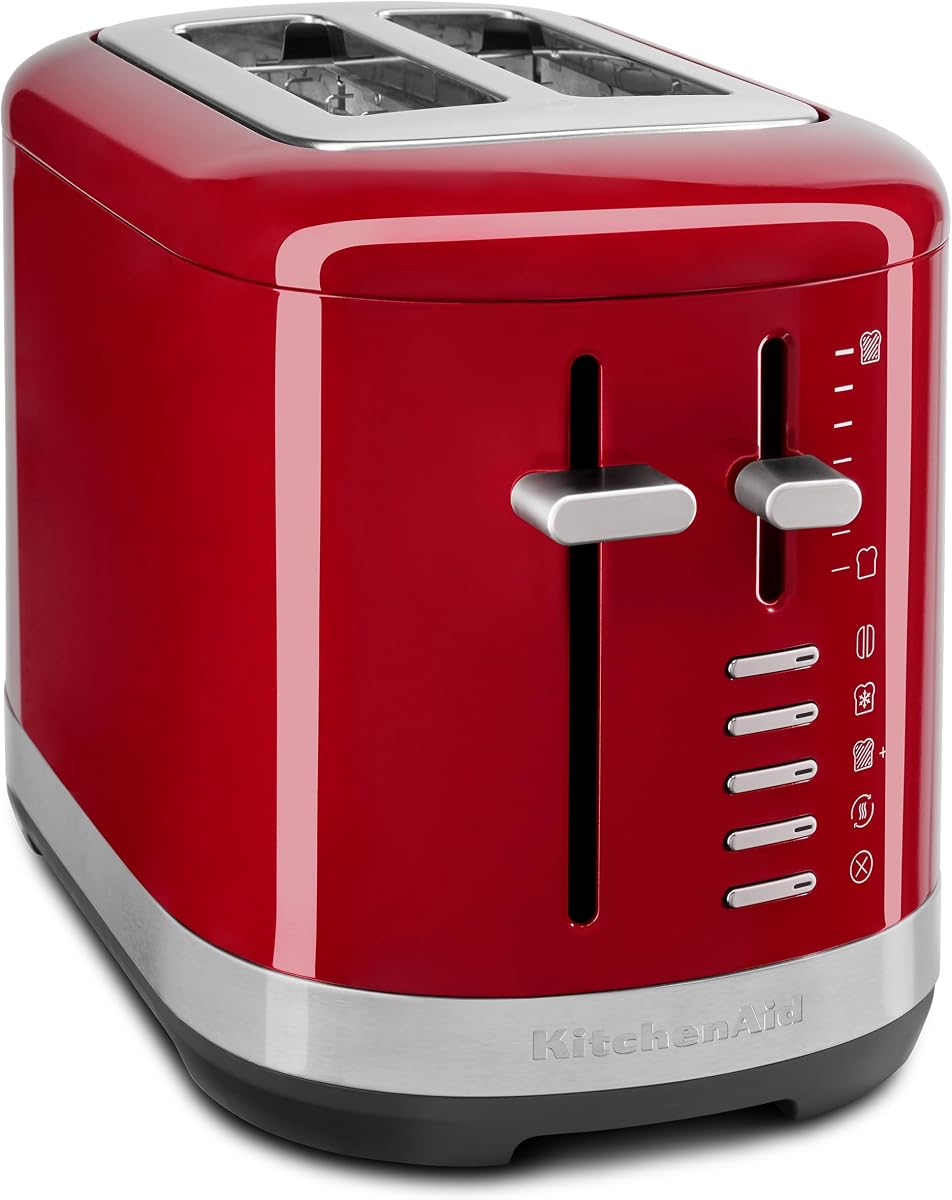 Tostadora automática de 2 rebanadas KitchenAid con ranuras extra anchas, rojo imperio | Ranuras extra anchas para bagels y muffins ingleses, amplia gama de tonos para tostar, bandeja recogemigas extraíble, modelo KMT2109ER