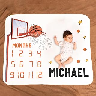 udelf Personalized Baby Monthly Milestone Blanket Customized to Your Baby's Name,Premium Newborn Photo Props, Photography Background for Baby Girls and Boys with 16 Different Designs (Basketball)