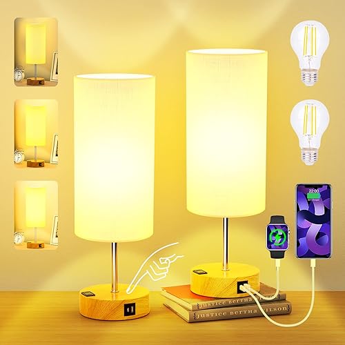Lámparas de noche con puertos USB y tomas lámparas de control táctil para dormitorio lámparas de mesita de noche regulables de 3 vías con puertos de