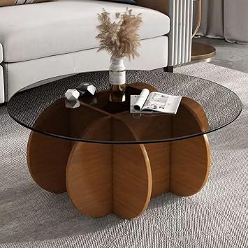 Round Coffee Table,Mid Century Small Coffee Table Modern Glass Coffee Table,Tempered Glass Tabletop & Wood Base, Modern Circle Center Tables for Living Room Small Spaces,Easy Assembly