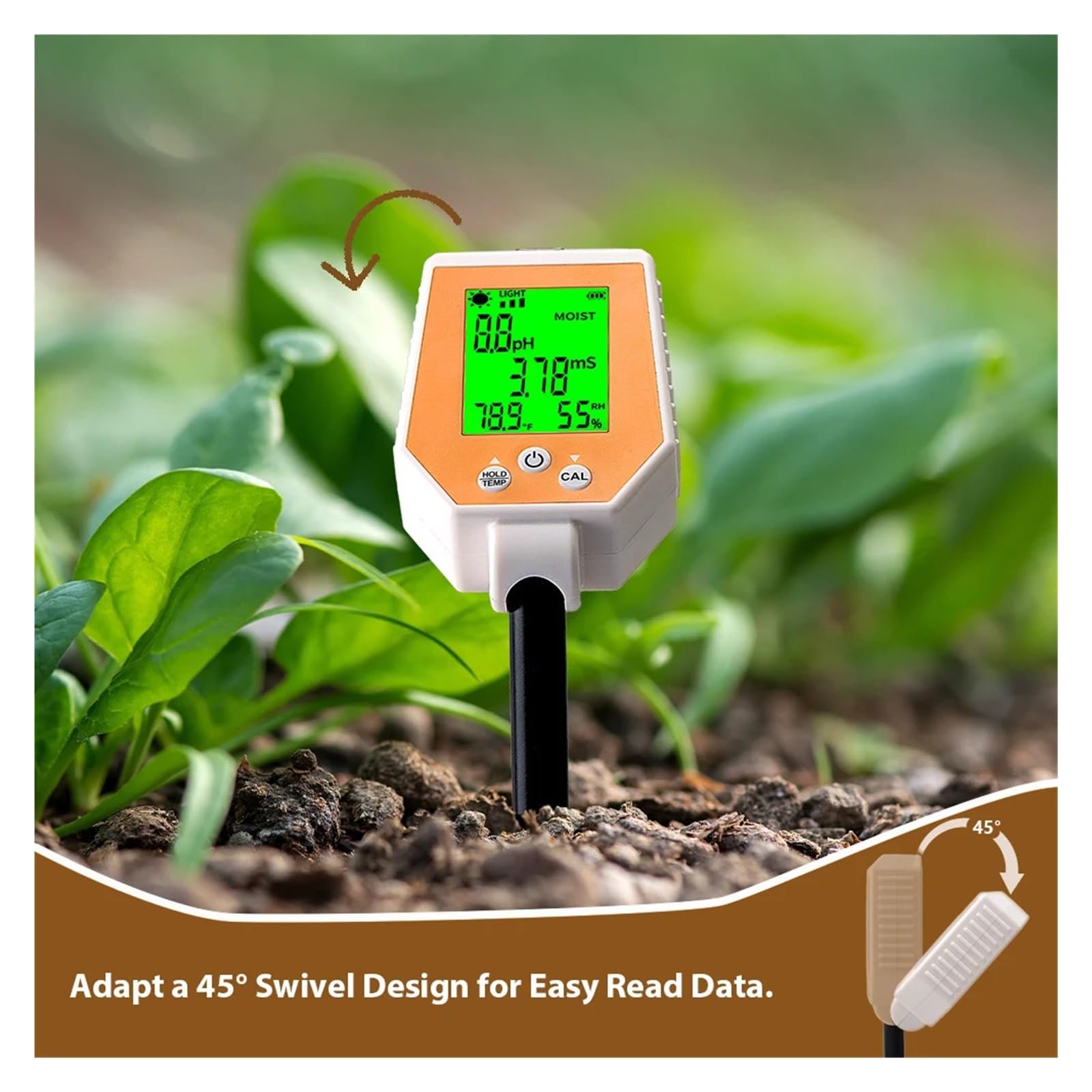 Medidor De Suelo 6 En 1: PH, CE, Humedad, Luz Solar, Humedad Del Aire Y Temperatura. Medidor De PH Y Conductividad De Alta Precisión For Jardinería Y Agricultura.