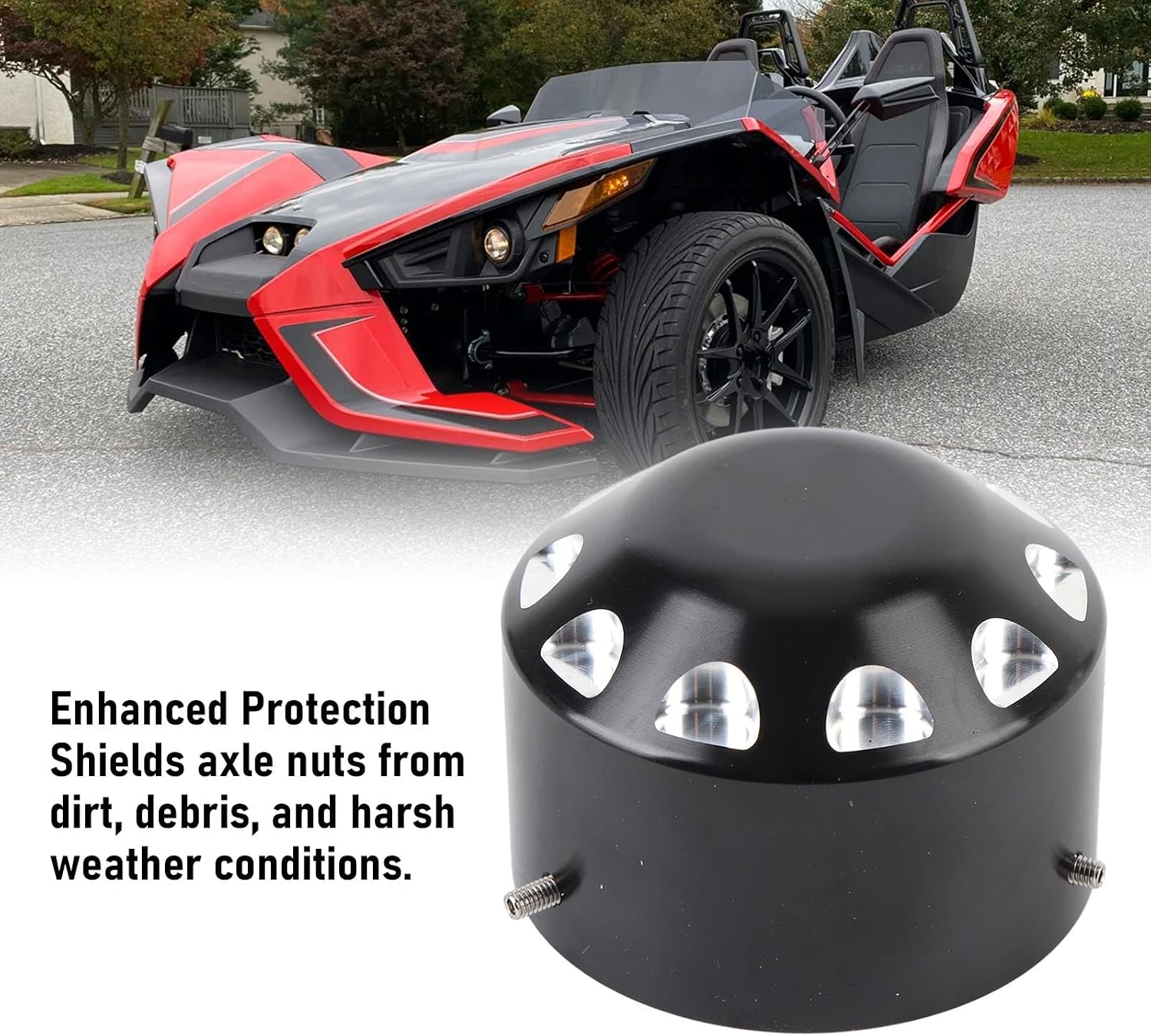 Black Aluminum Wheel Axis Nut Cover Compatible with Polaris Slingshot 2015-2024, Protects Lug Nuts from Dirt & Debris, Direct Fit with Stainless Steel Screws