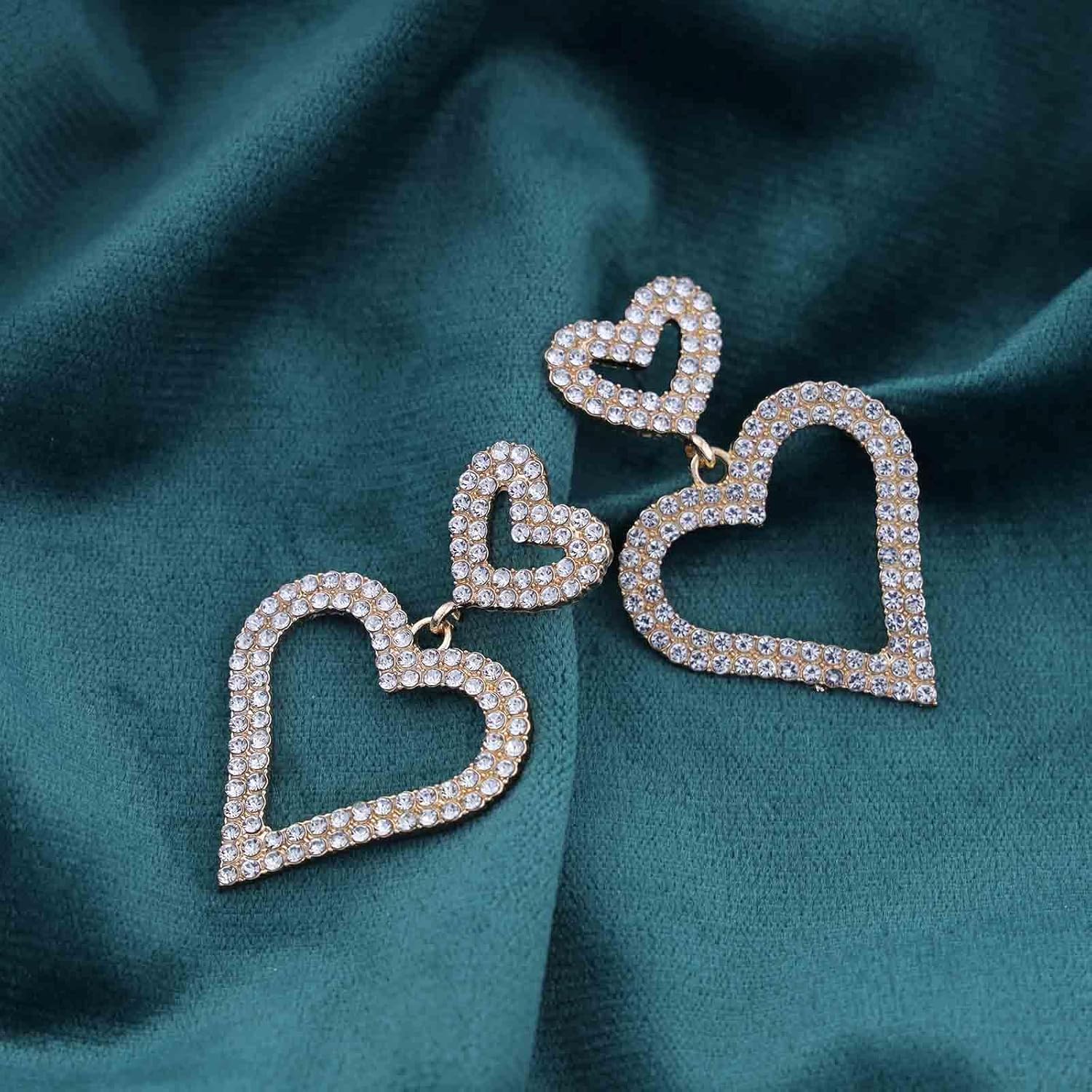 Boho Crystal Heart Drop Earrings Gold Heart Dangle Earrings Vintage Cz Double Heart Earrings Large Rhinestone Heart Love Earrings Jewelry for Women - Image 7