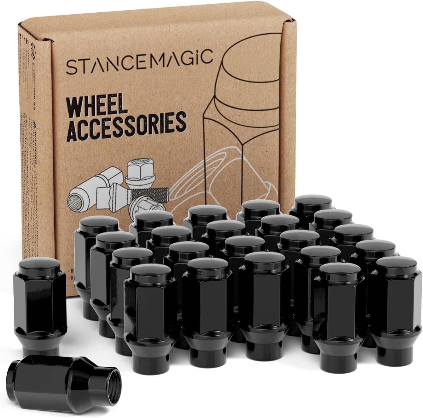 24pcs Black Bulge Lug Nuts - Metric 12x1.5 Thread Size - 1.75 inch Length - ET Style - Cone Conical Taper Seat Shank - Closed End - Compatible with Select 6Lug Vehicles and Aftermarket Wheels