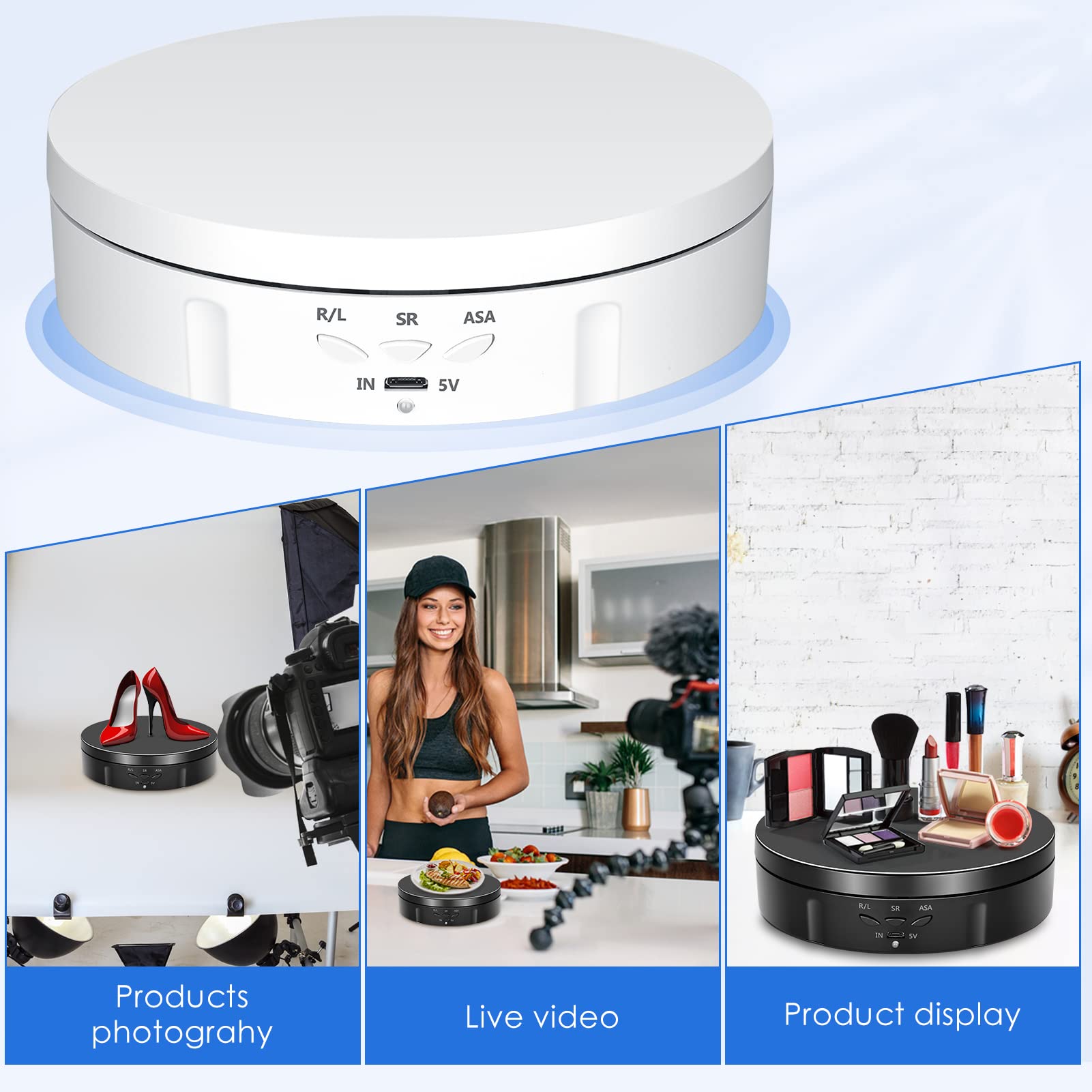 Base Girevole Elettrica, VAYOTOY 6 pollici / 14,6 cm Piatto Girevole Elettrico 10 kg Piccolo Piattaforma Girevole con 6 Fogli di Sfondo Ricarica USB 3 Velocità Regolabili per Display e Fotografia