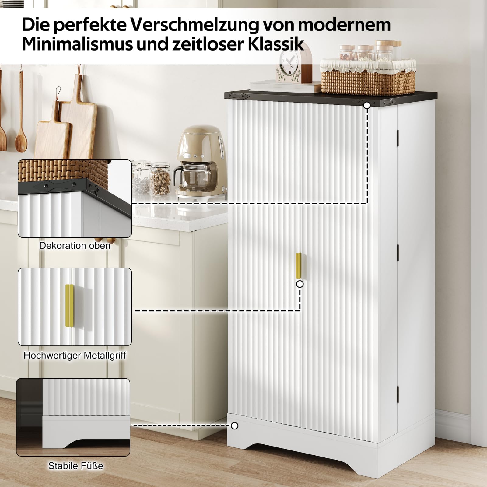Küchenschrank mit Doppeltür, Haushaltsschrank mit Verstellbare Einlegeböden und Stauraum, Moderner Mehrzweckschrank mit Fächer, für Esszimmer Wohnzimmer, Küche, Streifendesign, Weiß (60.5x40x120cm)