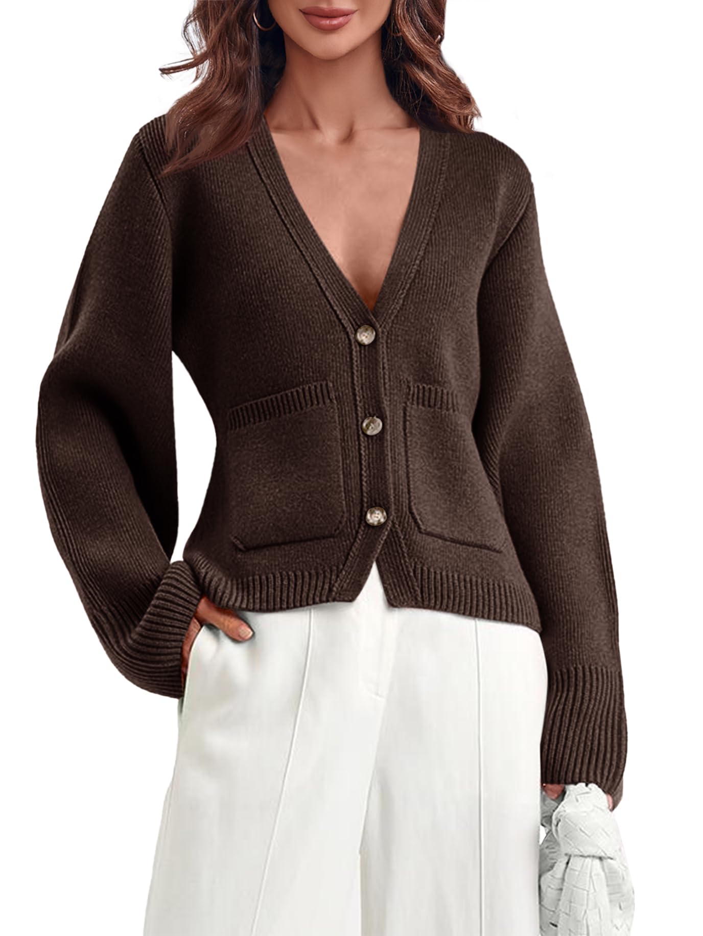 Saodimallsu Womens Deep V Neck Cardigan Sweaters Open Front Button Down Long Sleeve Cropped Knit Coats with Pockets