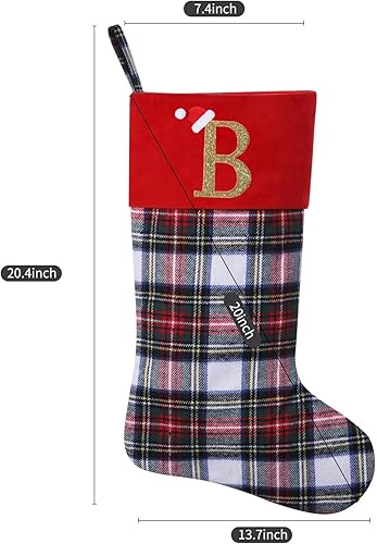 Miniatura 48 de Calcetines de Navidad personalizados con monograma inicial, adornos colgantes, medias clásicas de cuadros rojos de 19 pulgadas, decoraciones
