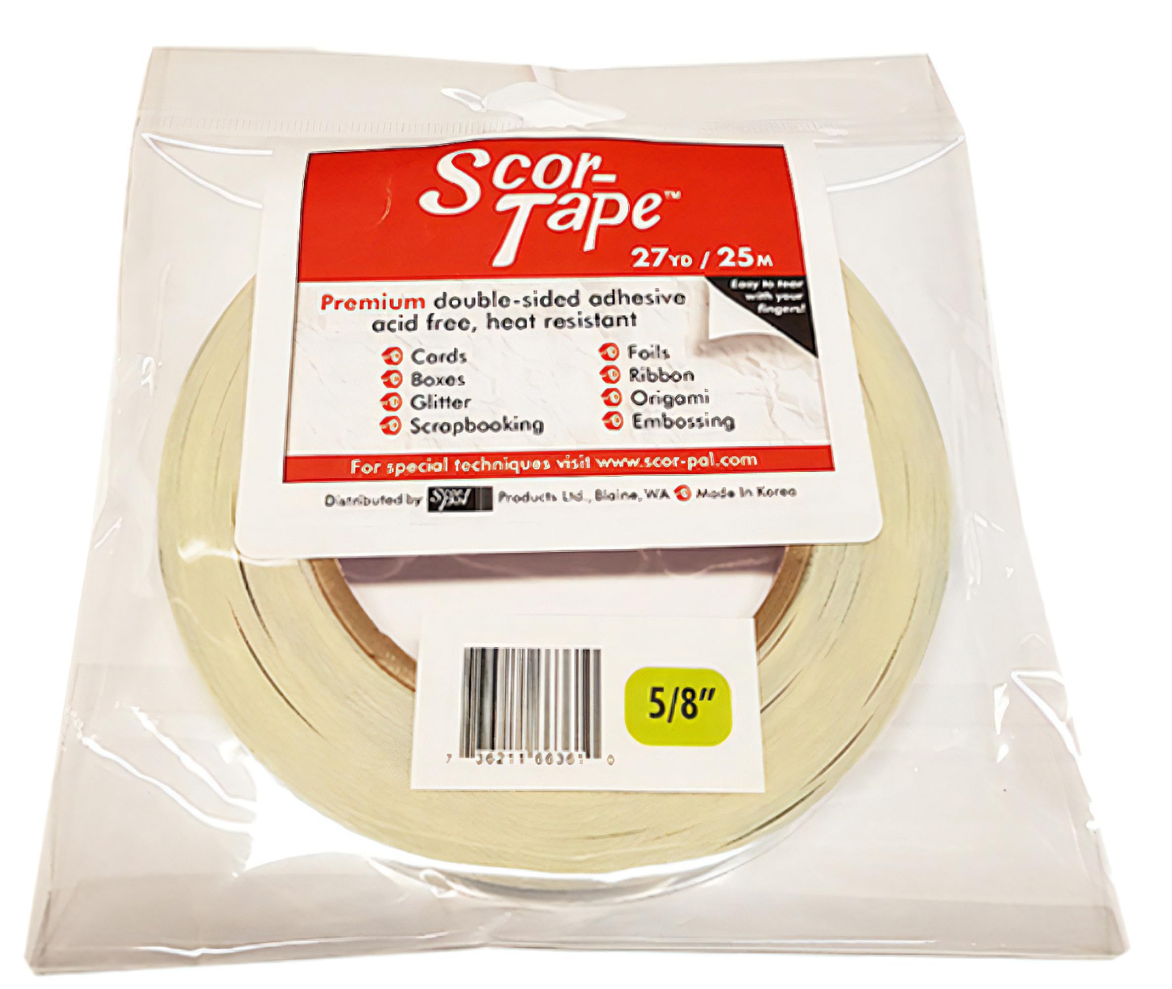 Scor-Tape 0.625" (5/8") wide x 27 yards long, double sided adhesive
