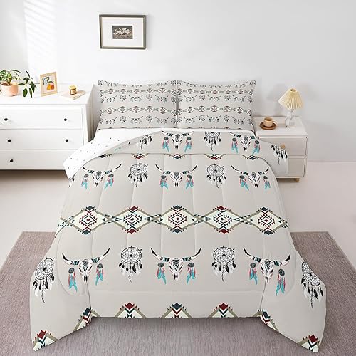 Miniatura 3 de Juego de ropa de cama azteca, tamaño matrimonial, juego de edredón del suroeste, relleno de edredón exótico de calavera de toro para niños y niños,
