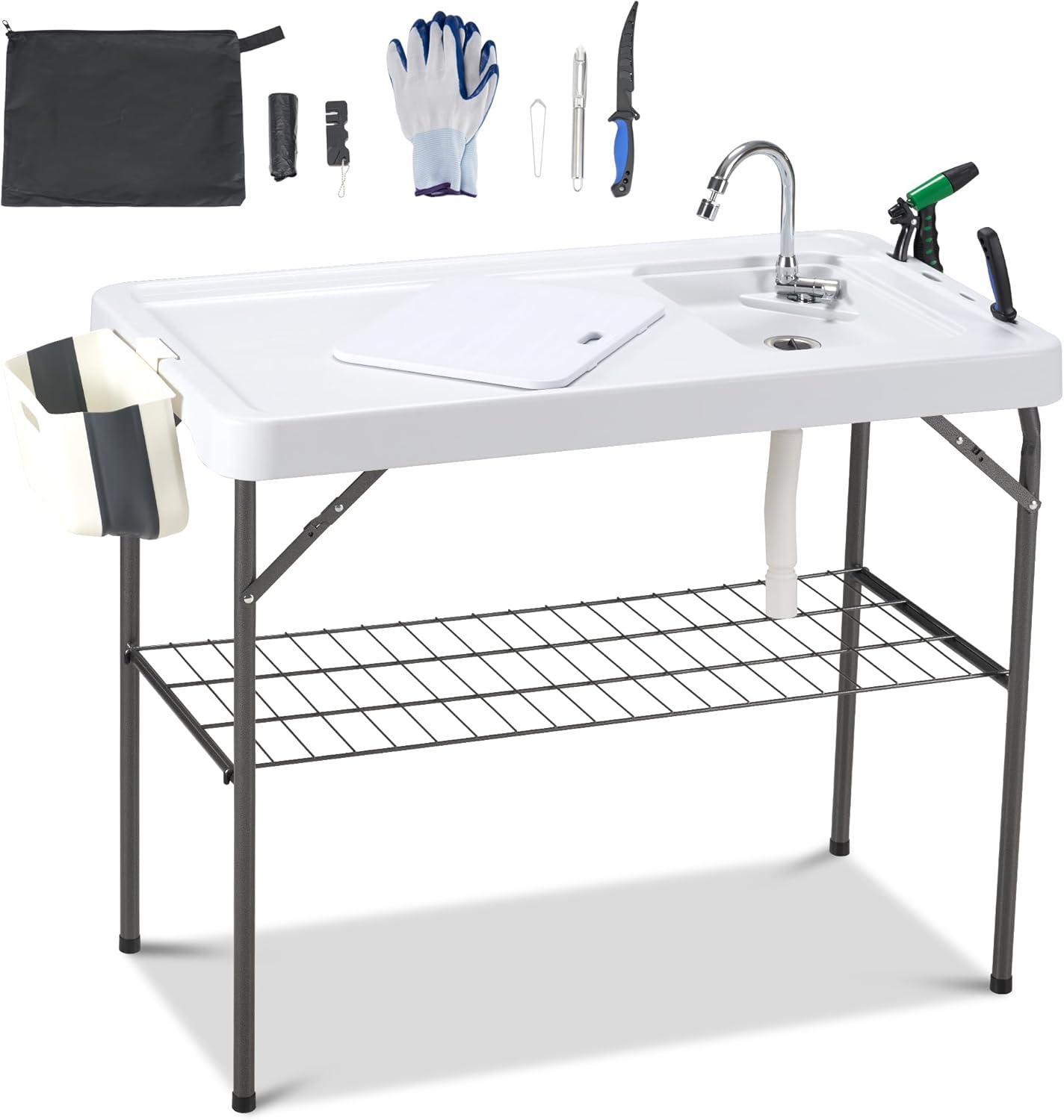 Dragosum Outdoor Sink Fish Cleaning Table Portable Camping Table with Faucet Hose Hook Up Grid Rack, Fish Fillet Camping Sink Table, Fish Cleaning Kit for Picnic Beach Patio White & Black