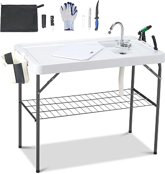 Dragosum Outdoor Sink Fish Cleaning Table Portable Camping Table with Faucet Hose Hook Up Grid Rack, Fish Fillet Camping Sink Table, Fish Cleaning Kit for Picnic Beach Patio