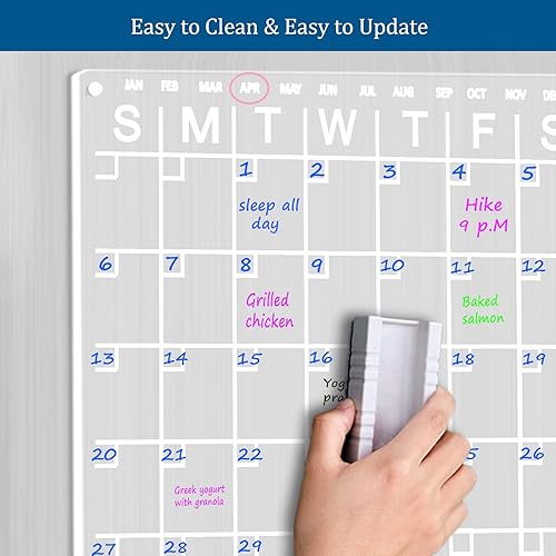 Miniatura 3 de Calendario acrílico para nevera, juego de 2 piezas con 4 marcadores de borrado en húmedo de 12 x 12 pulgadas, pequeño calendario magnético para