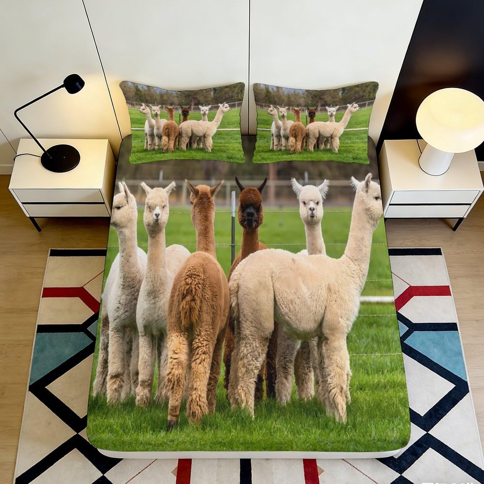 3D Printed Alpaca Meadow Fitted Sheet Microfiber Soft Breathable Pasture Bed Cover for Bedroom Dorm Mattress Protection Decor 90x200x25cm