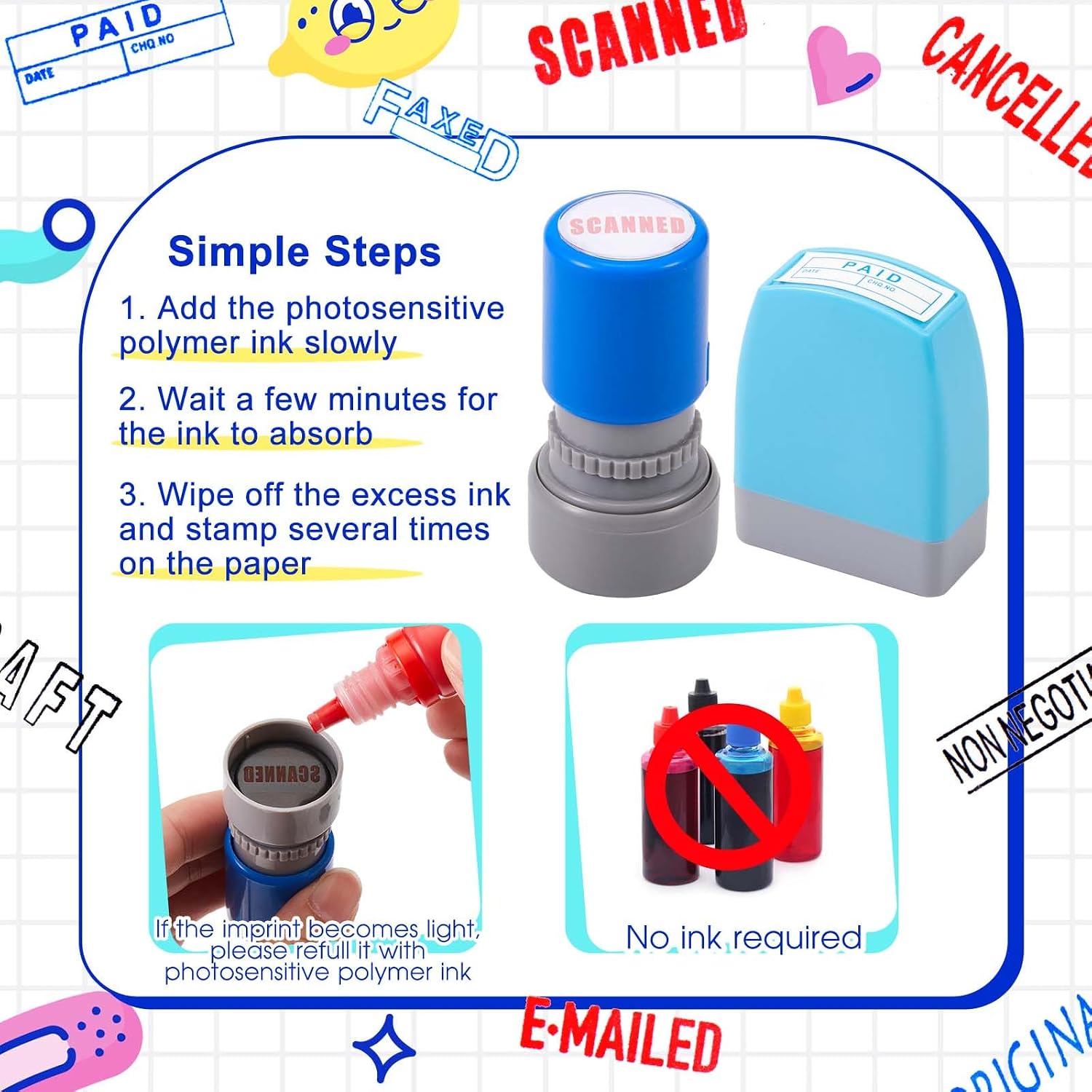 Henoyso 14 Pcs Office Stamp Set Self Inking Office Stamp Business Stamps Message Account Work Stamp Office Stationery Approved Paid Copy Faxed Scanned Stamps for Office Message Supplies image 3