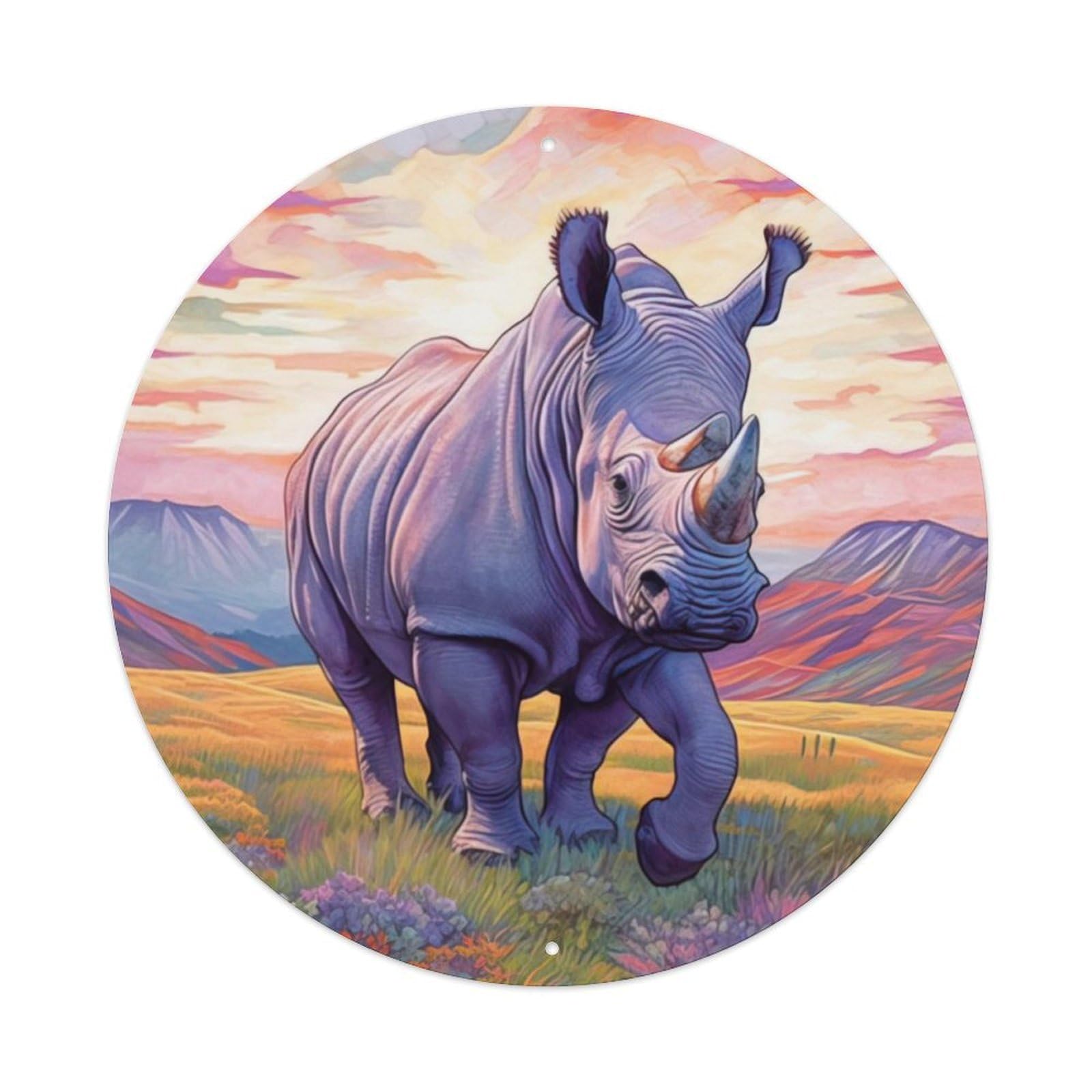 Animal Art Fierce Rhinoceros Vintage Metal Tin Sign Plaque Wall Decor for Cafe, Club, Garden Round Metal Poster 8x8Inch