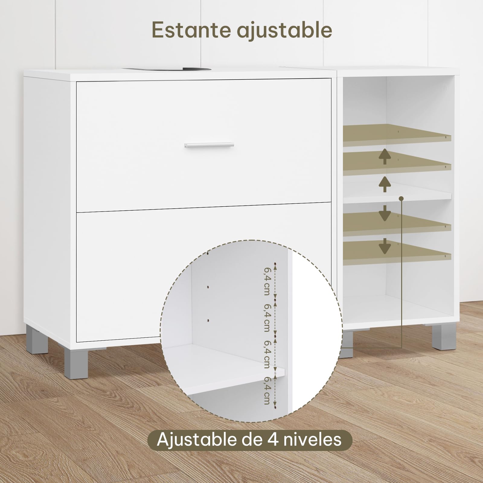 eSituro Armario de Baño de Pie, Mueble Bajo Lavabo con Cajones, Mueble Auxiliar de Baño, Estante Ajustable, Recorte Sifón 14,5 * 20 cm, Blanco