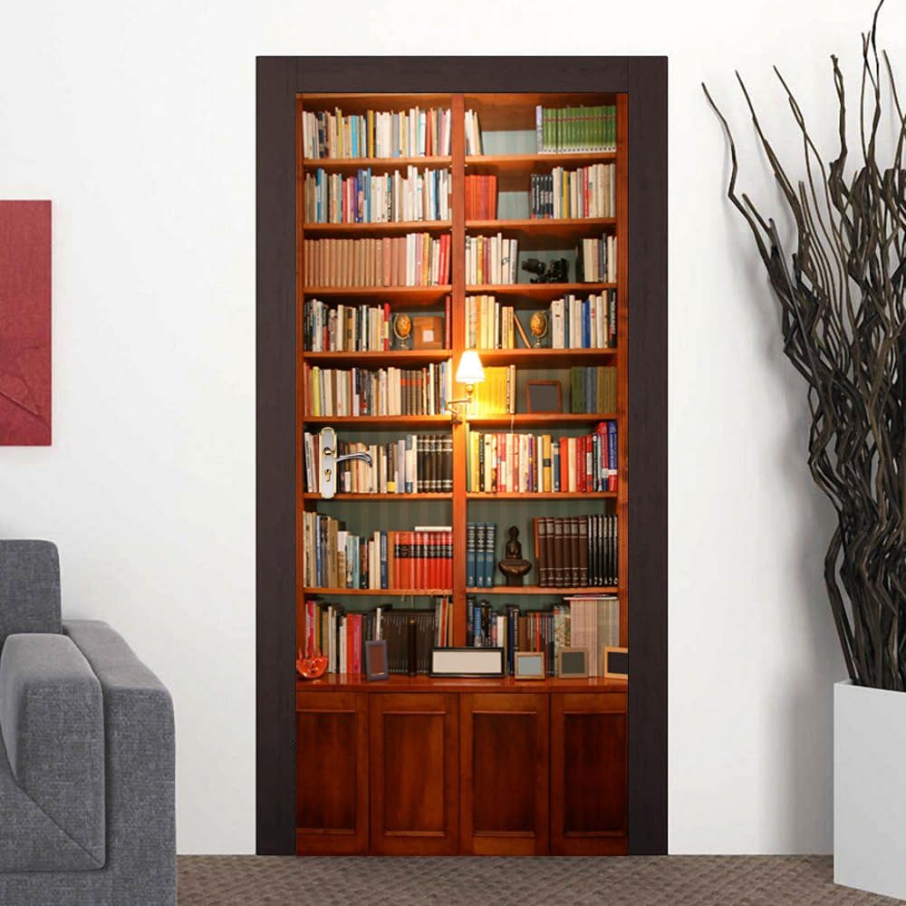 AILEGOU Modern Art 3D Door Sticker, Peel and Stick Removable Vinyl Door Decal for Home Decor, 30.3"x78.7"(77x200cm), 2 Pcs.（Bookcase）
