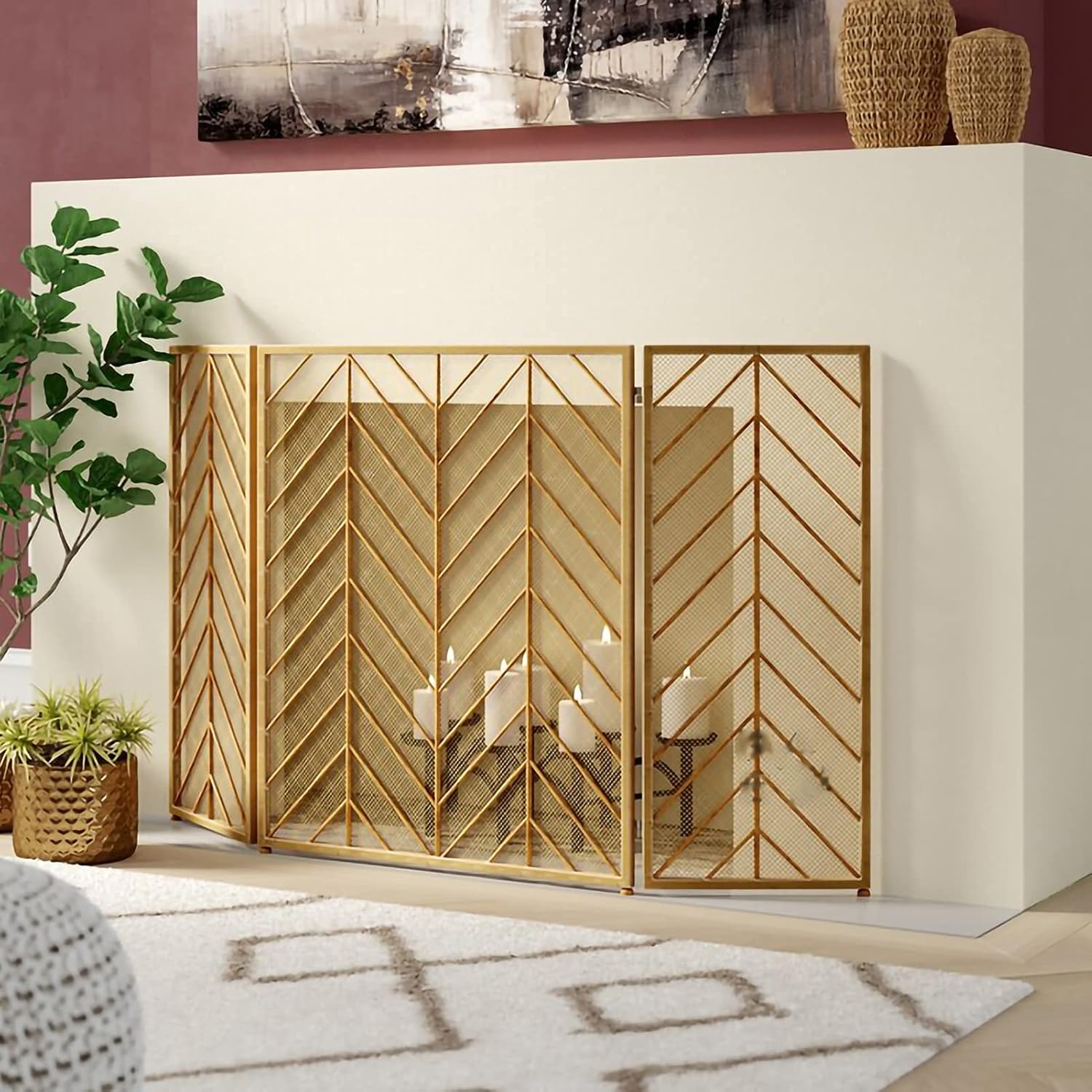 Fireplace Screen Guard, Fire Guard Indoor Fireplace Screen 3 Panel Folding Wrought Iron Large Screen Outdoor Metal Decorative Mesh Cover Solid Fire Place Fence，Guard Fire