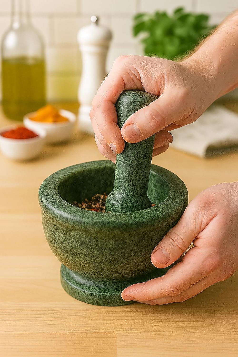 Green Granite Mortar and Pestle Set – 6x10 cm Stone Spice Grinder for Kitchen, Herbal & Masala Grinding, Heavy Duty Natural Granite Crusher