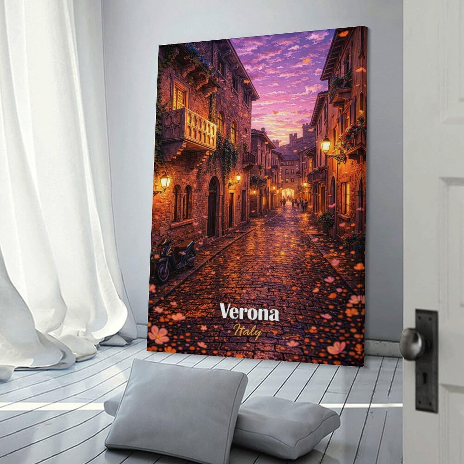 Junmoney Verona Italy Street at Sunset Wall Decor Canvas Print, 12x18inch(30x45cm), for Small Homes, Bedrooms Or Open Spaces, Wall Decor with Flexible Room Appeal